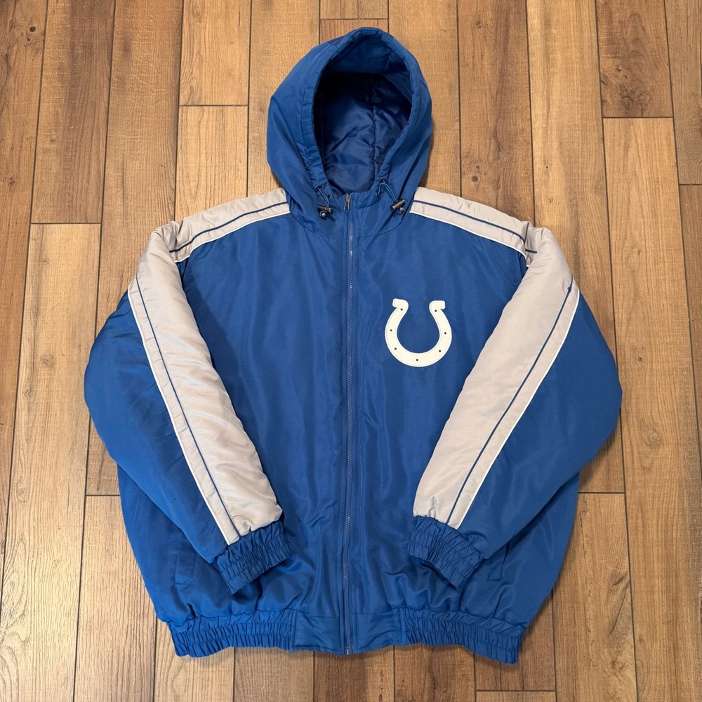 Vtg Indianapolis Colts Puffer Jacket Mens XXL Blue Grey Full Zip Hooded